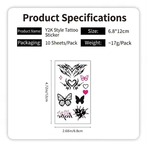 Y2K punk style black and pink temporary tattoo stickers featuring butterflies and hearts