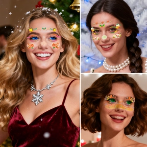 Christmas facial temporary tattoos featuring Santa, reindeer and snowflakes for party makeup