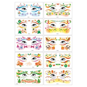 Set of 10 Christmas temporary face tattoos featuring snowflakes, trees and reindeer designs