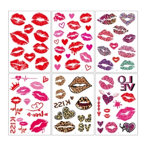 6 sheets of temporary tattoo stickers featuring kiss marks leopard hearts and love motifs