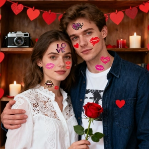 Valentine lips and heart temporary tattoo stickers for couples with rose and romantic scene