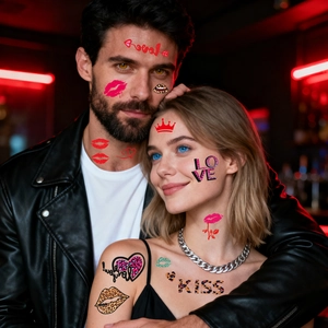 Lip print tattoo stickers with leopard heart patterns and Kiss typography for couples