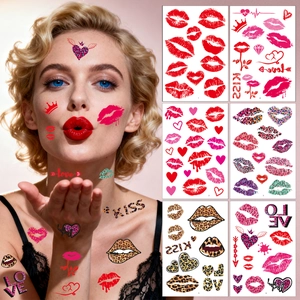 Valentine Day Lip Kiss Temporary Tattoo Stickers Heart Leopard Print Waterproof Body Art For Couples Party Decoration