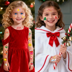 Cartoon Christmas temporary tattoo stickers with Santa and reindeer on child face and arms