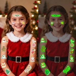 Luminous Christmas temporary tattoos for kids featuring Santa Claus and reindeer designs
