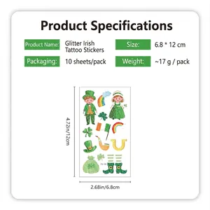 Set of 10 St. Patrick's Day glitter tattoos featuring shamrocks and Irish festival designs