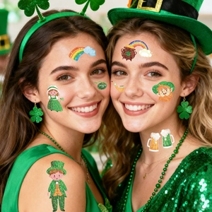 Glittery St. Patrick's Day temporary tattoos with clover and rainbow patterns for kids