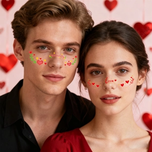 Valentine's Day face tattoo stickers with red hearts and love motifs on a couple