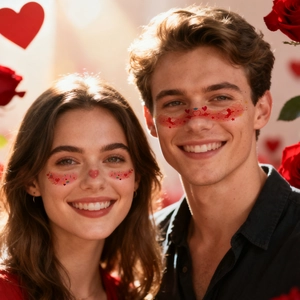Romantic Valentine heart face tattoo stickers featuring Cupid and star motifs on models