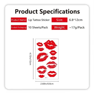 Set of 10 red lip and heart temporary tattoos measuring 12x6.8cm for Valentine's Day