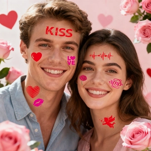 Valentine's Day temporary tattoo stickers with red hearts and kiss lips on model's face