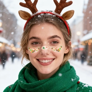 Weihnachts-Gesichtstattoos mit Nikolaus-Motiven und braunem Rentier-Geweih-Haarreif