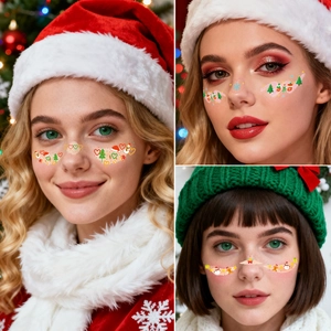 Weihnachts-Gesichtstattoos mit bunten Schneeflocken und Rentier-Mustern für das Party-Make-up