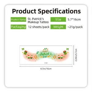 St. Patrick's Day shamrock makeup tattoo stickers 12-sheet pack with size specifications