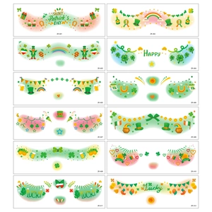 Twelve sheets of St. Patrick's Day temporary tattoos with green shamrocks and rainbows