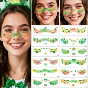 Detailed set of 12 St. Patrick's Day face tattoos featuring shamrocks and rainbows