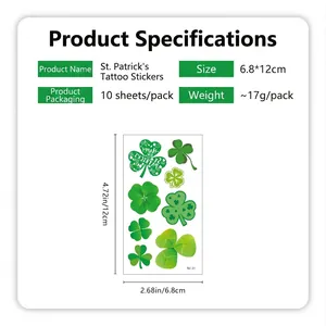 Saint Patrick's Day temporary tattoos with green shamrocks, 10 sheets pack, 6.8x12cm size