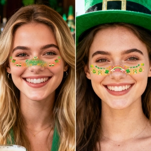 St. Patrick's Day clover face tattoos featuring shamrocks and rainbows on female models