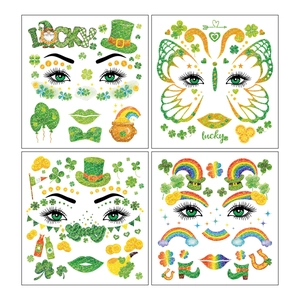 Glitter St. Patrick's Day tattoo stickers with shamrock and rainbow designs for faces