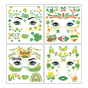 Glittery St. Patrick's Day face tattoos with green clovers and lucky Irish patterns