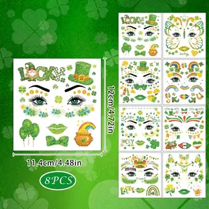 Glitter St. Patrick's Day temporary face tattoos set with green shamrock designs, 8 sheets