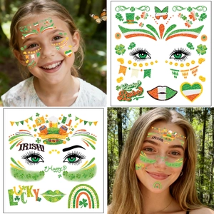 Glitter St. Patrick's Day face tattoos with green clover designs for Irish festivals