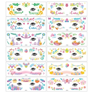 Detailed grid of 12 Easter face tattoo stickers with bunny and egg designs for makeup