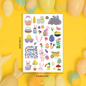 Easter temporary tattoo sheet with rabbits and eggs measuring 16x11cm on yellow backdrop