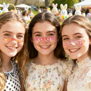 Easter facial tattoos with bunnies and colorful eggs worn by models in a theme park