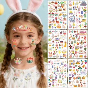 Detail of 6 Easter temporary tattoo sheets with rabbits, eggs and Happy Easter motifs