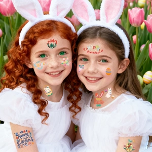 Kids temporary Easter tattoos with bunnies and eggs shown on girls in a tulip field