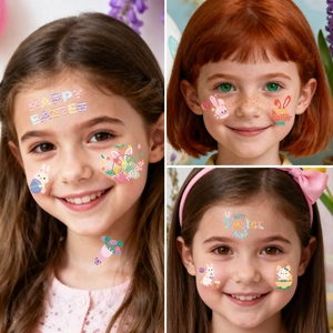 Easter temporary tattoos for kids featuring cartoon bunnies, colorful eggs and floral patterns