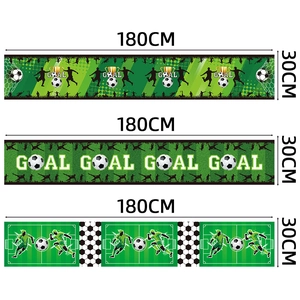 Three soccer themed decorative banners with Goal text and 180x30cm size specifications
