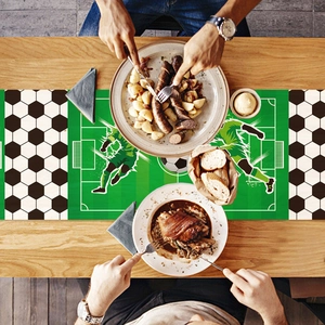 Polyester soccer theme table runner with field graphics and player silhouettes