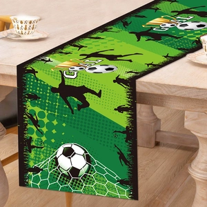 Close-up of a polyester football table runner with green field design and goal text