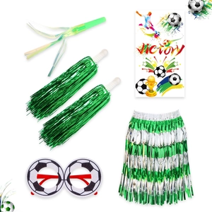 Green soccer fan cheering kit including fringe skirt, football glasses and pom poms