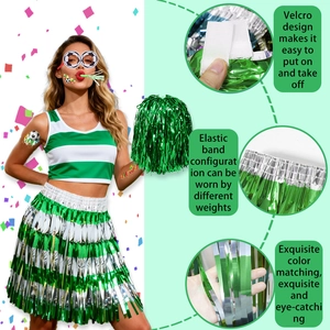 Green and white cheerleader set with sequin skirt and pom pom for football match events