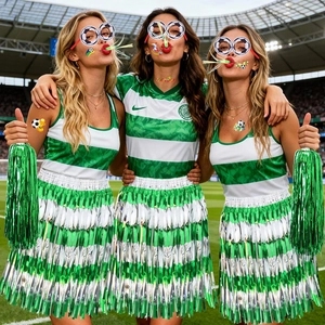 Soccer cheerleading outfit with green fringe skirt, pom poms and football party accessories