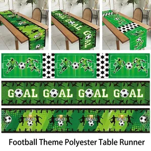 Soccer Theme Polyester Table Runner Athlete Silhouette Goal Trophy Pattern For Birthday Sports Party Home Dining Table Decor