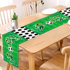 Polyester soccer theme table runner featuring green field and player silhouettes