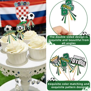 Double-sided soccer cupcake toppers for World Cup party decoration featuring jerseys and flags
