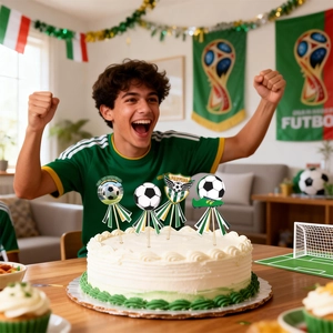 Football party cake topper set featuring soccer balls and player for birthday decorations