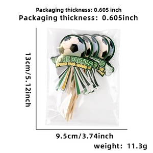 Detail of soccer themed cake toppers in packaging with specific size measurements