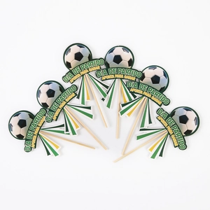 6-piece football cake topper set with Spanish text and wooden sticks on white background