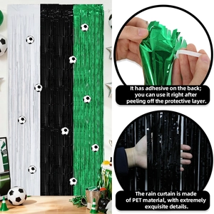 Football party fringe curtain decoration with soccer stickers and self-adhesive backing
