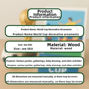 Detail of wooden World Cup trophy ornament and decorative football theme party cards
