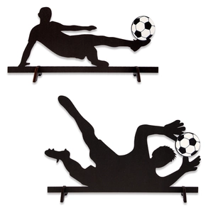Soccer silhouette desk ornaments with player and goalkeeper figures on wood base