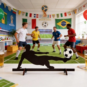 Soccer player silhouette wooden desk ornament with ball detail for sports room decor