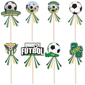 Set of 8 soccer themed cake toppers featuring goal nets and green fields for parties