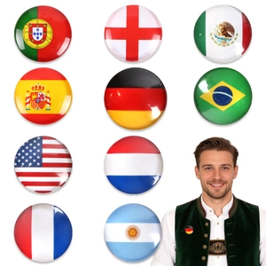 Set van 10 nationale vlaggen badges met 25mm glazen kristal en model draagvoorbeeld